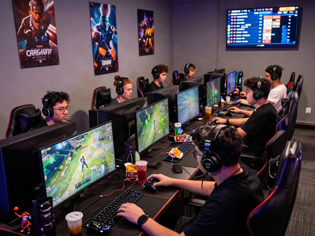 Komunitas gamer bermain permainan online dengan fokus, menampilkan alexistogel dan peringkat kompetisi.