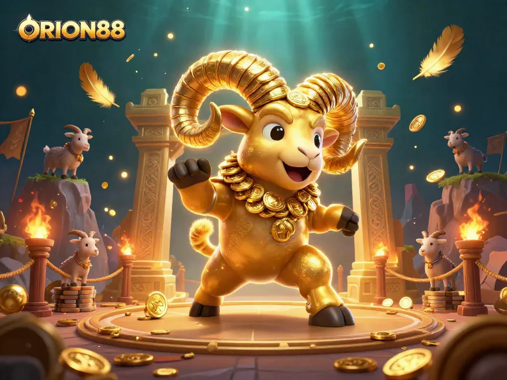 Engage with ORION88's thrilling golden ram charging through a dynamic casino scene filled with excitement.