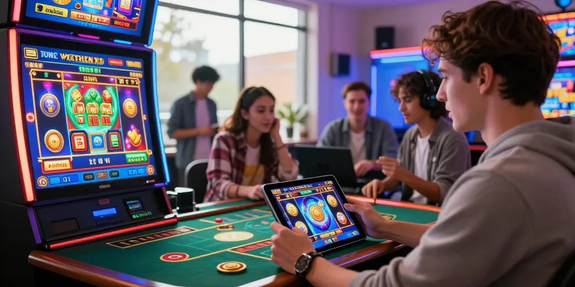 Pengalaman gaming online Situs LUXURY12 dengan pemain fokus pada mesin slot digital dan suasana meriah.