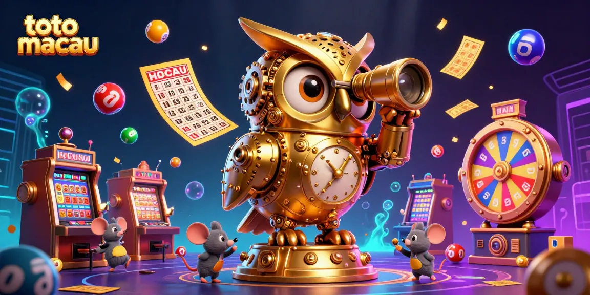 Embark on a thrilling gaming experience with toto macau featuring a whimsical golden owl and vibrant lottery elements.