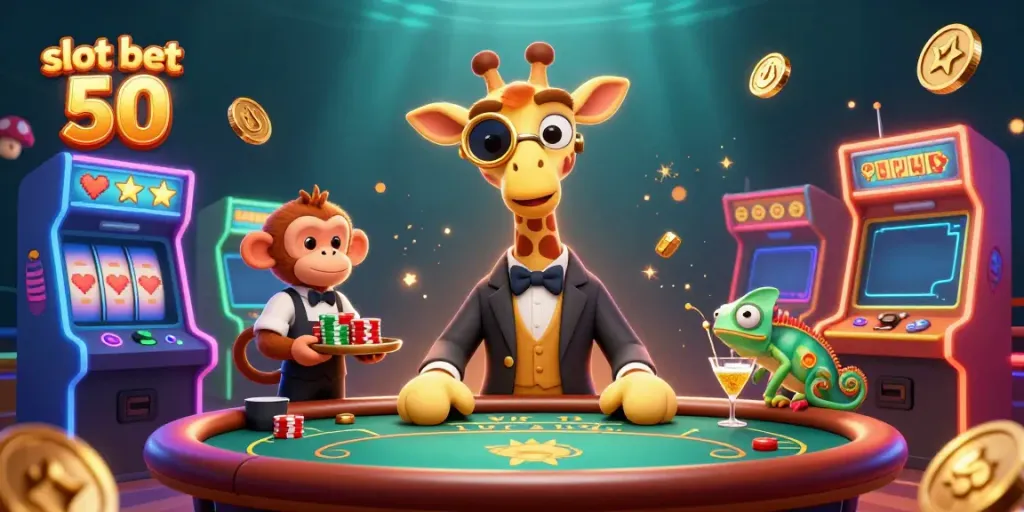 Ilustrasi slot bet 50 menampilkan jerapah dan karakter kasino dalam suasana menyenangkan.