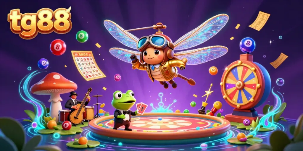 Experience dynamic gaming with tg88 at a vibrant lily pad casino featuring a frog croupier and lively jazz musicians.