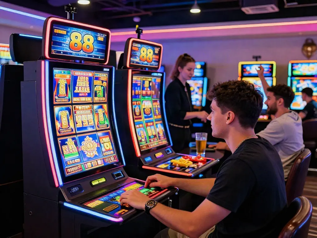 Permainan slot88 yang menarik dengan pemain berfokus di kasino modern, menunjukkan pengalaman yang menyenangkan.