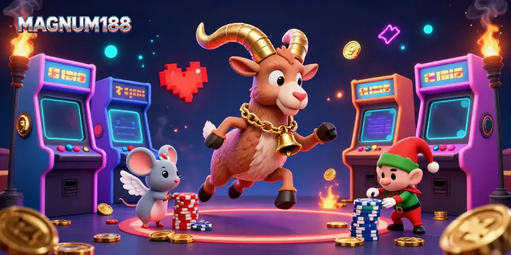 Experience the excitement of MAGNUM188 with a lively casino scene featuring characters in a vibrant, animated style.