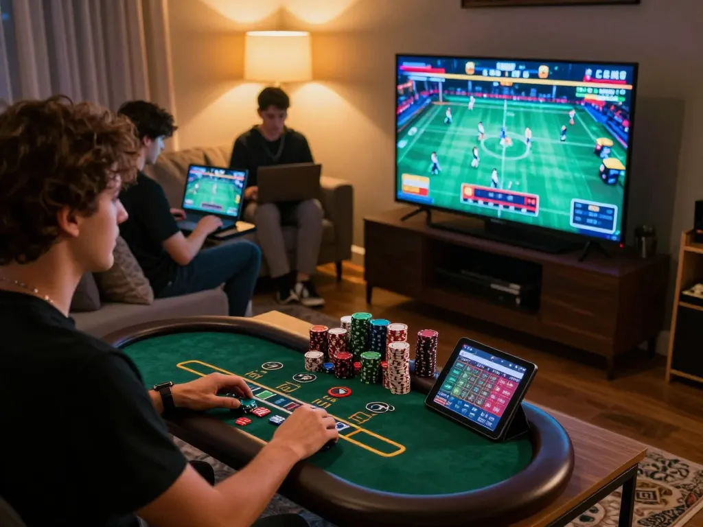 Players enjoying live dealer blackjack and sports betting online at TR88, showcasing a vibrant home gaming setup