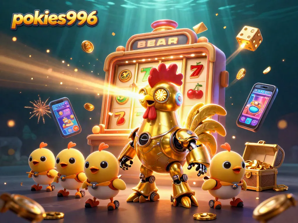 Engage with pokies996's vibrant gaming world featuring a golden rooster robot and baby chick drones shooting jackpots.