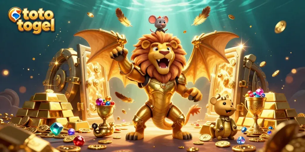 Engage with the dynamic world of toto togel, featuring a triumphant chimera and treasure elements.