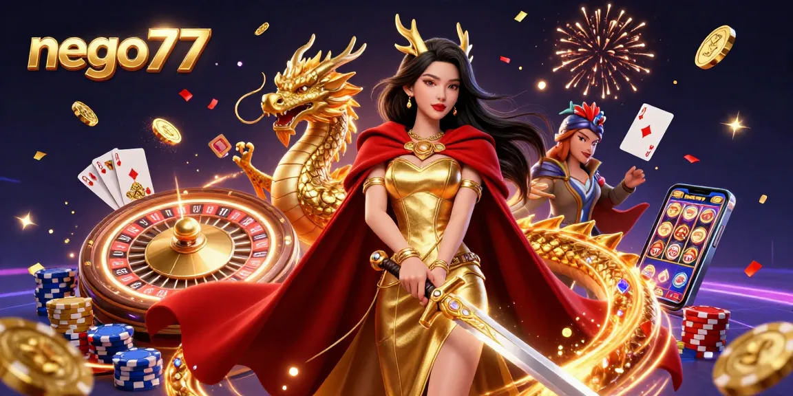 Win big with nego77: A vibrant online casino scene featuring a warrior queen surrounded by coins and cards.