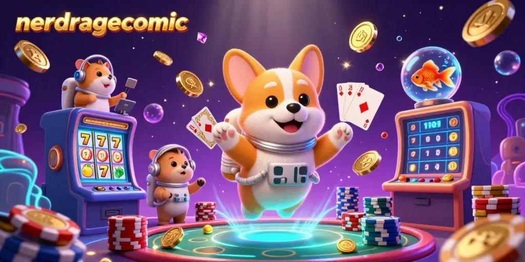 Gambarkan karya seni 3D nerdragecomic dengan astronaut corgi dan elemen kasino mengapung di luar angkasa.