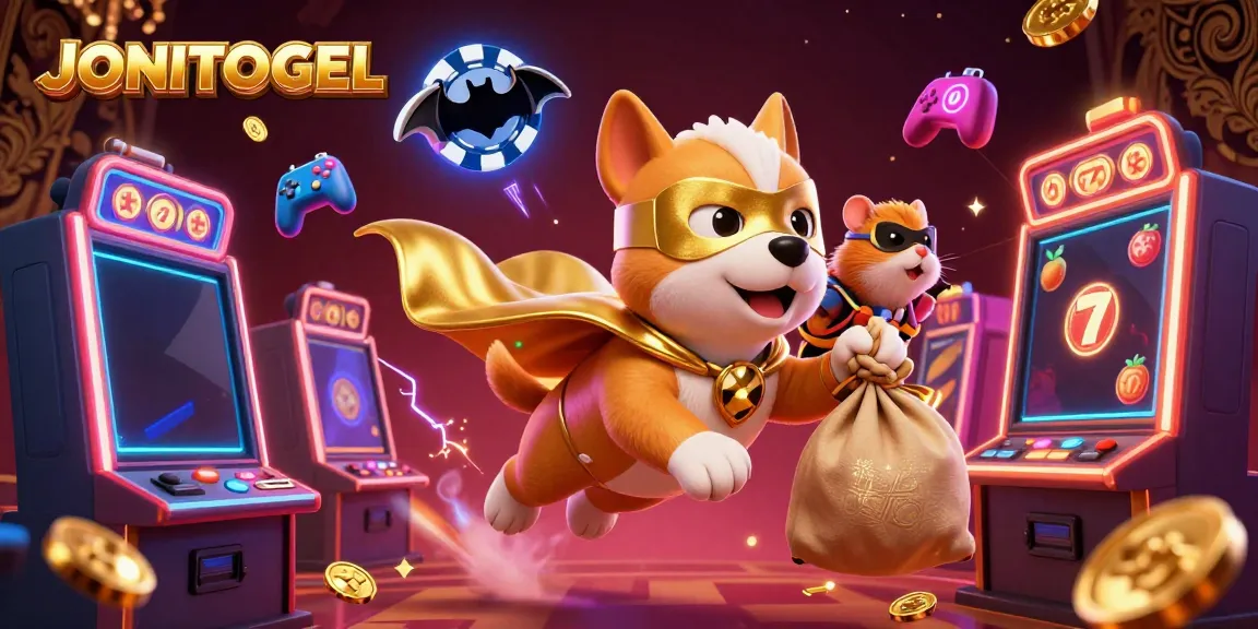 Experience exhilarating wins with JONITOGEL, featuring a superhero dog amid slot machines and gems.