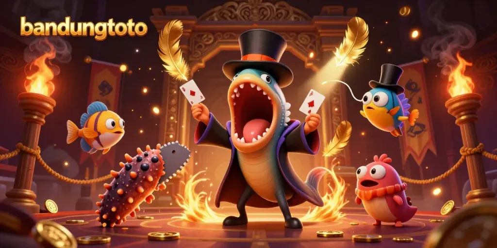 Join the fun at bandungtoto with lively characters performing magical acts in a dynamic gambling scene.