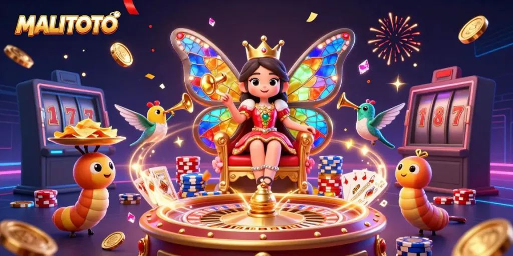 MALITOTO themed scene featuring a butterfly queen and vibrant casino elements like chips and roulette.