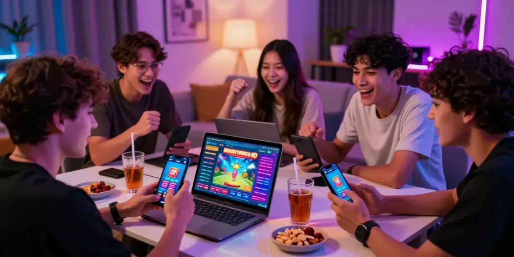 Engaged friends exploring Bandar Togel 4D online gaming interface in a lively home atmosphere.