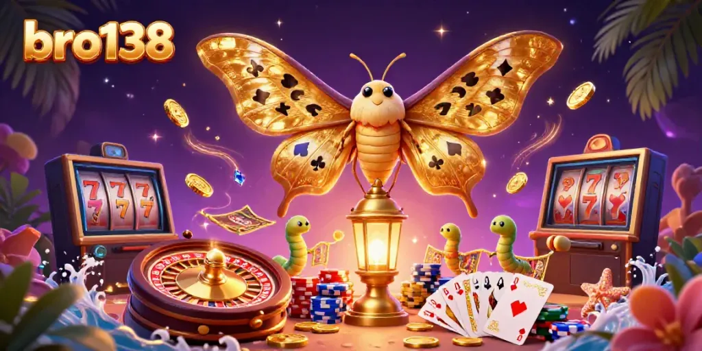 Spin your luck with bro138 at this vibrant casino illustration of a moth with golden wings!