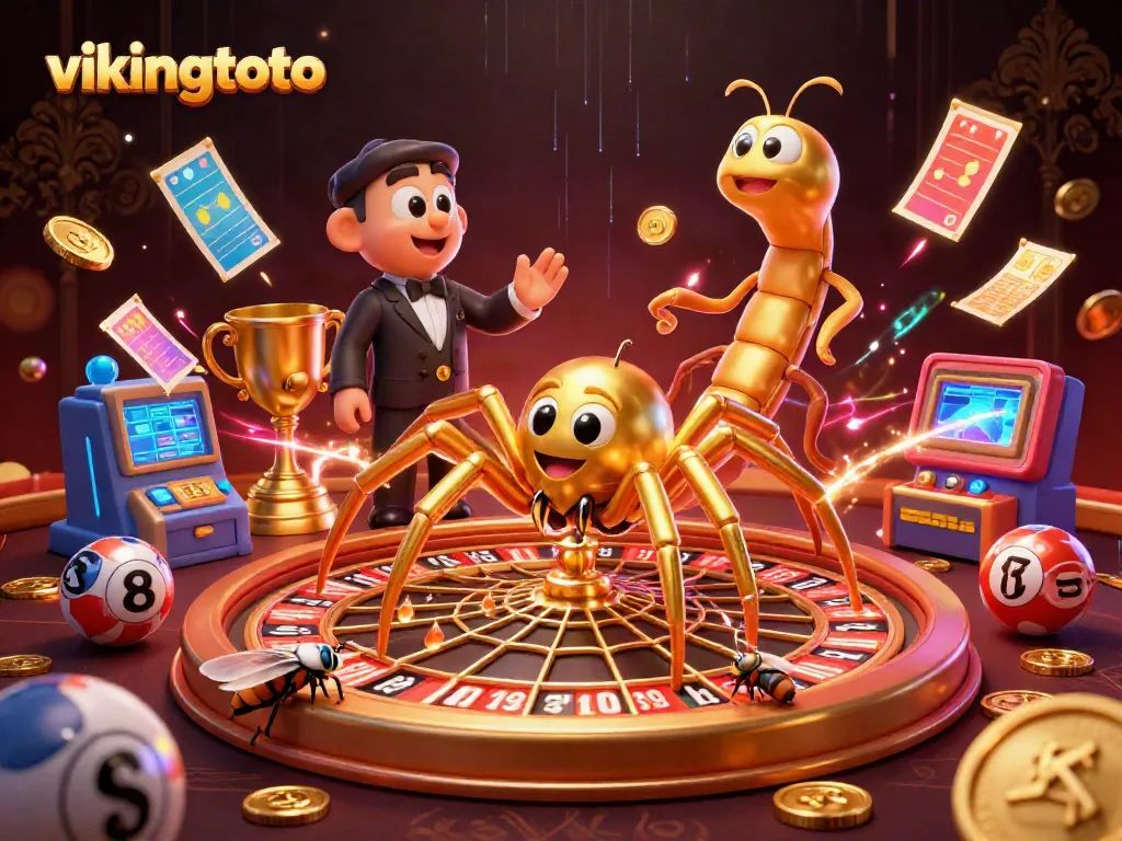 Engage with vikingtoto lottery excitement as a golden spider weaves a roulette wheel web in this dynamic illustration.