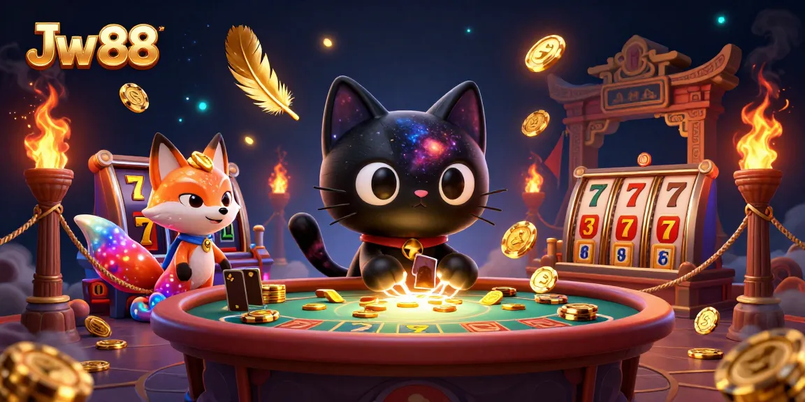 Engaging Jw 88 illustration of a cosmic casino scene with animated characters and vibrant gambling elements.