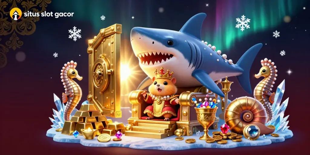 Menangkan jackpot di situs slot gacor dengan raja hamster emas dan penjaga kuda laut dalam ilustrasi 3D yang megah.