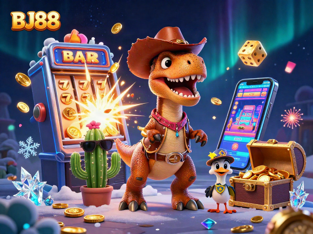 Experience exciting winnings with BJ88's vibrant slot machine and animated casino elements.