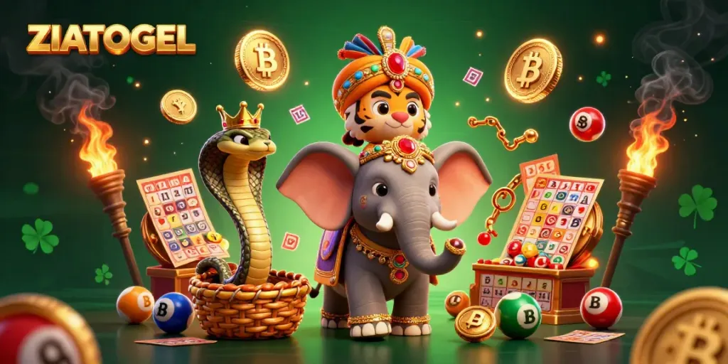 Experience ZIATOGEL with an engaging lottery scene featuring colorful bingo elements and lively characters.