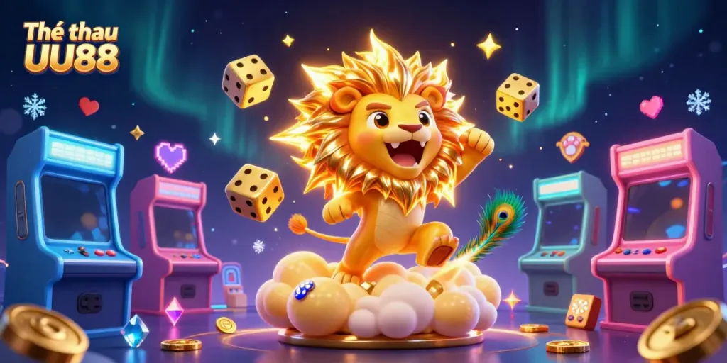 Place bets like never before with Thể thao UU88, featuring a vibrant 3D illustration of a roaring lion and immersive gaming elements.