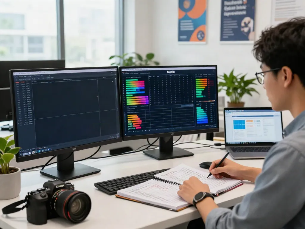 Expert analyzing rajabandot data with charts in a modern workspace.