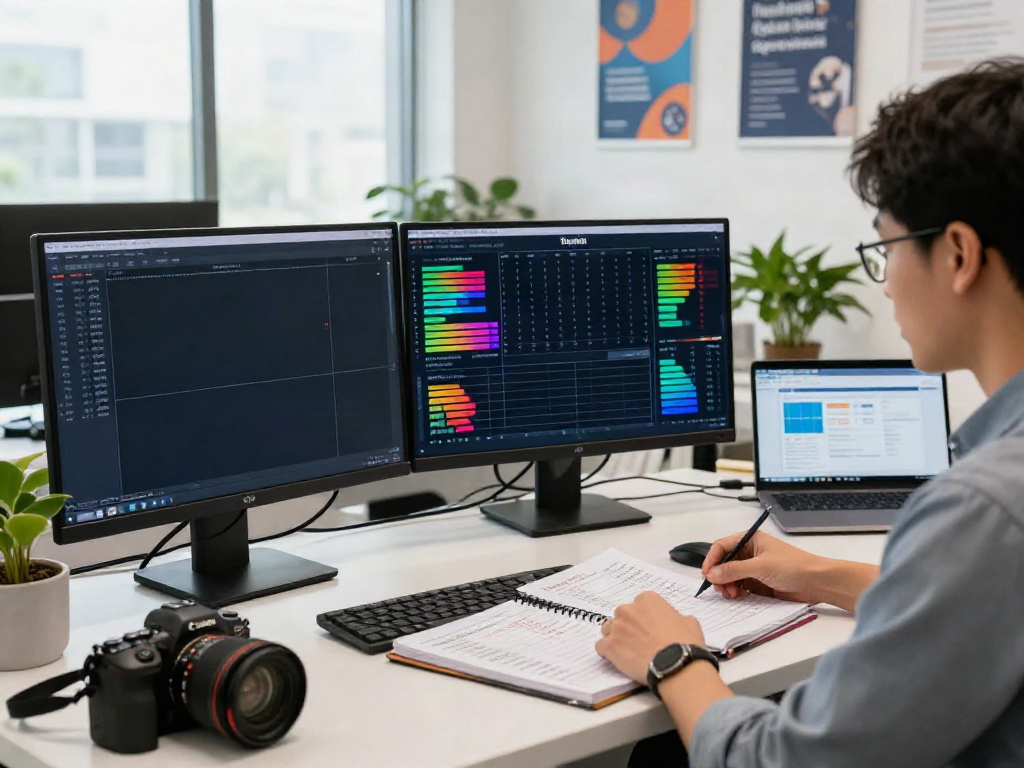 Expert analyzing rajabandot data with charts in a modern workspace.