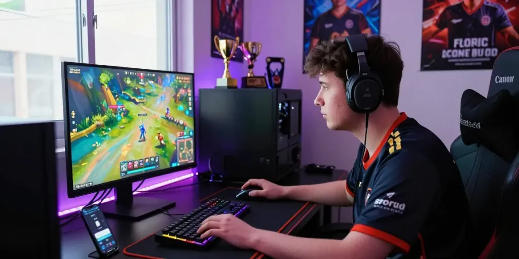 Pengguna situs gacor sedang bermain game dengan intens di ruang gaming modern.