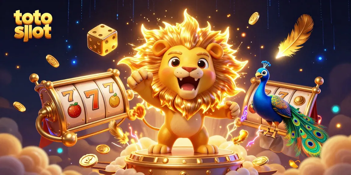 Toto slot menampilkan singa matahari berkilau dengan dadu emas, simbol buah, dan koin emas yang bersinar.