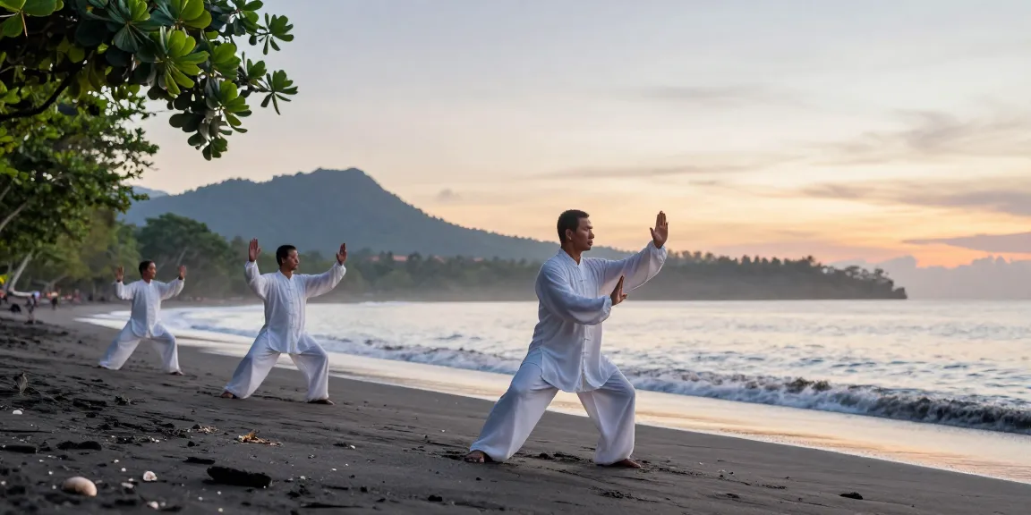 Tai Chi classes Bali practitioner flowing movements at sunrise on a beautiful beach.