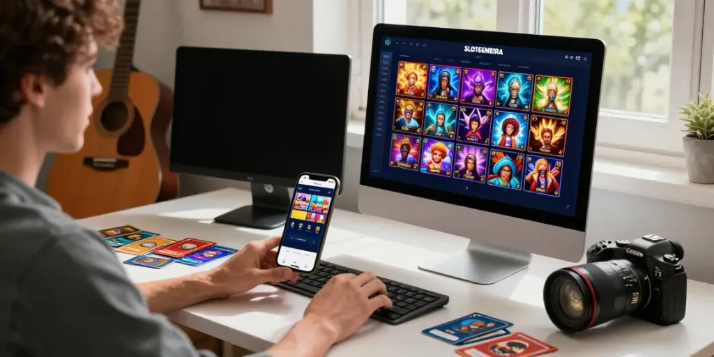 SLOTGEMBIRA user interacting with vibrant digital gaming interface and acoustic guitar, creating a lively entertainment atmosphere.