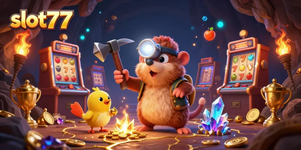 Slot77 menawarkan permainan slot yang mendebarkan dengan karakter tamu yang menggali harta karun.