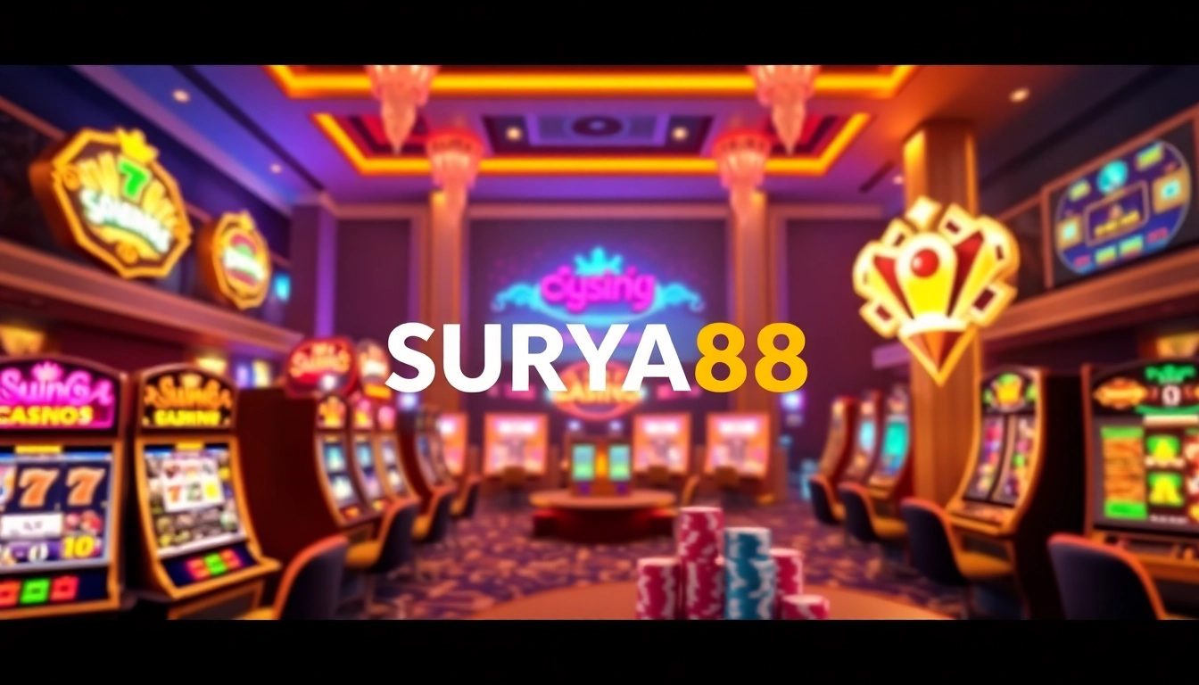 SURYA88 logo ditampilkan di lingkungan kasino online mewah dengan mesin slot yang berwarna-warni dan chip poker.