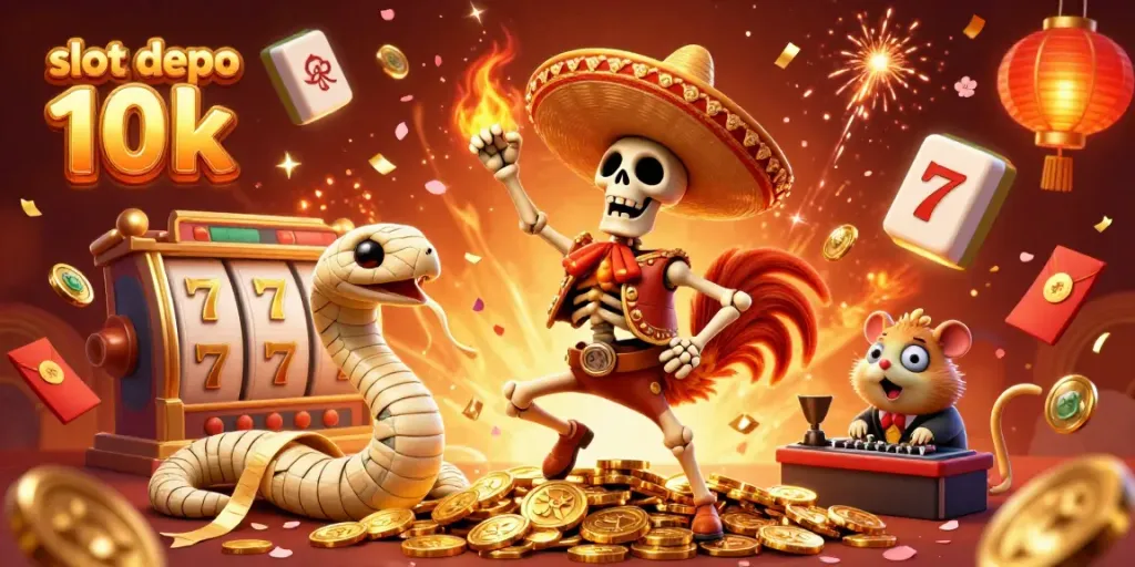 Menghadirkan slot depo 10k, ilustrasi kartun 3D skeleton mariachi merayakan kemenangan dengan simbol permainan yang menarik.