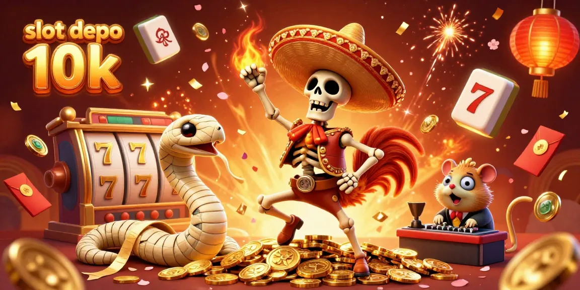 Menghadirkan slot depo 10k, ilustrasi kartun 3D skeleton mariachi merayakan kemenangan dengan simbol permainan yang menarik.