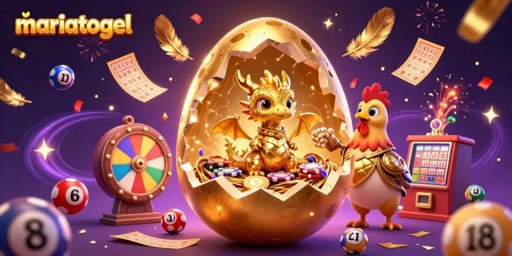 Engage with mariatogel's thrilling lottery scene featuring a golden dragon and vibrant, bouncing lottery balls.