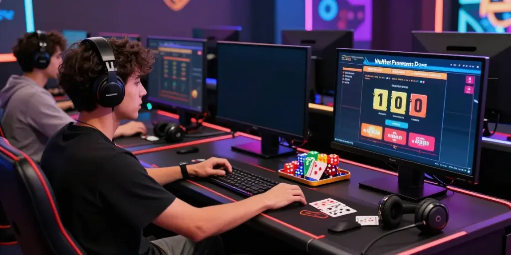 Engaged player exploring the Wolfbet Promotions Page in an energetic online casino setting.