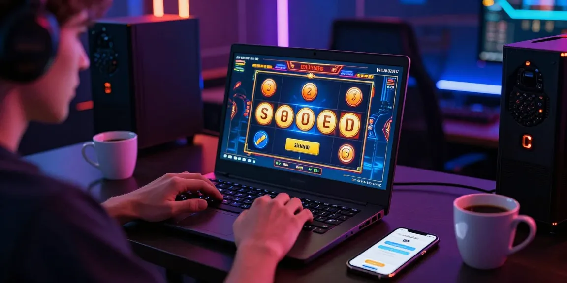 Pengguna slot depo 5k bermain judi online dengan suasana seru dan modern, menampilkan layar laptop dengan grafik permainan menarik.