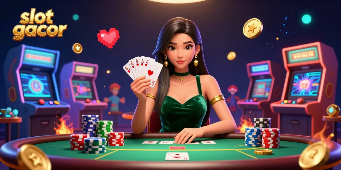 Experience the excitement of slot gacor at a poker table with a stunning Asian woman, chips, and dynamic gaming elements.