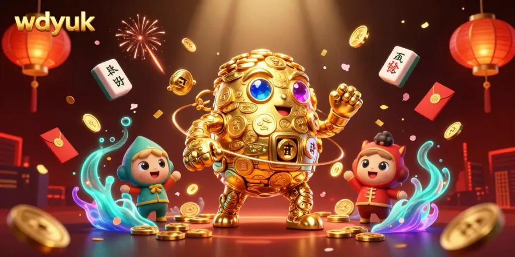 Experience wdyuk with a vibrant 3D illustration showcasing a golden golem and festive casino elements.
