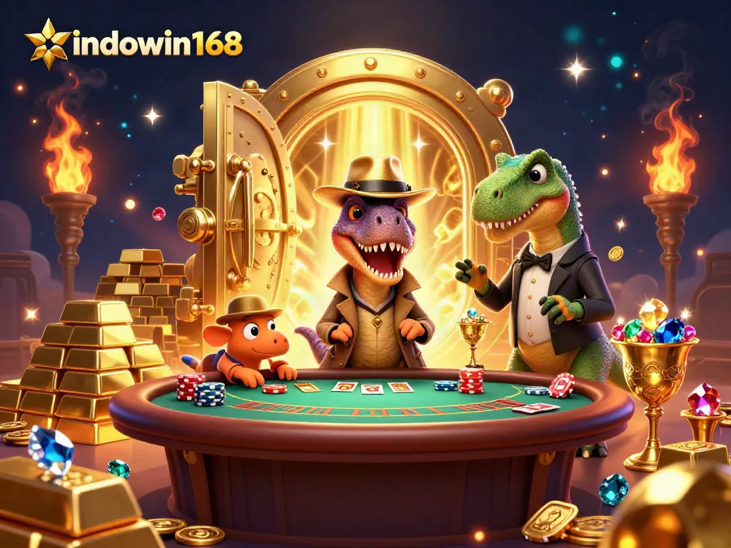 Indowin168's vibrant casino scene showcases a velociraptor card counter and treasures galore.