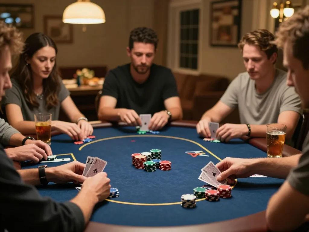 Players strategizing during a thrilling Texas Hold'em game at home, showcasing 789bet's engaging poker experience.
