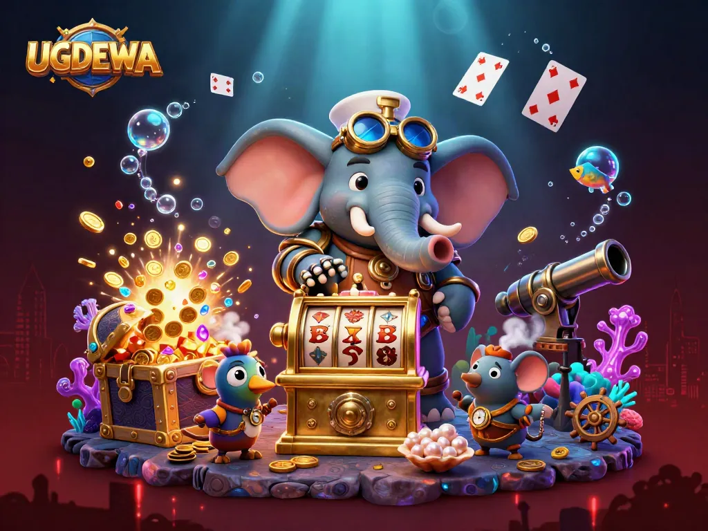 UGDEWA features an engaging steampunk elephant engineer operating a dynamic casino slot machine.