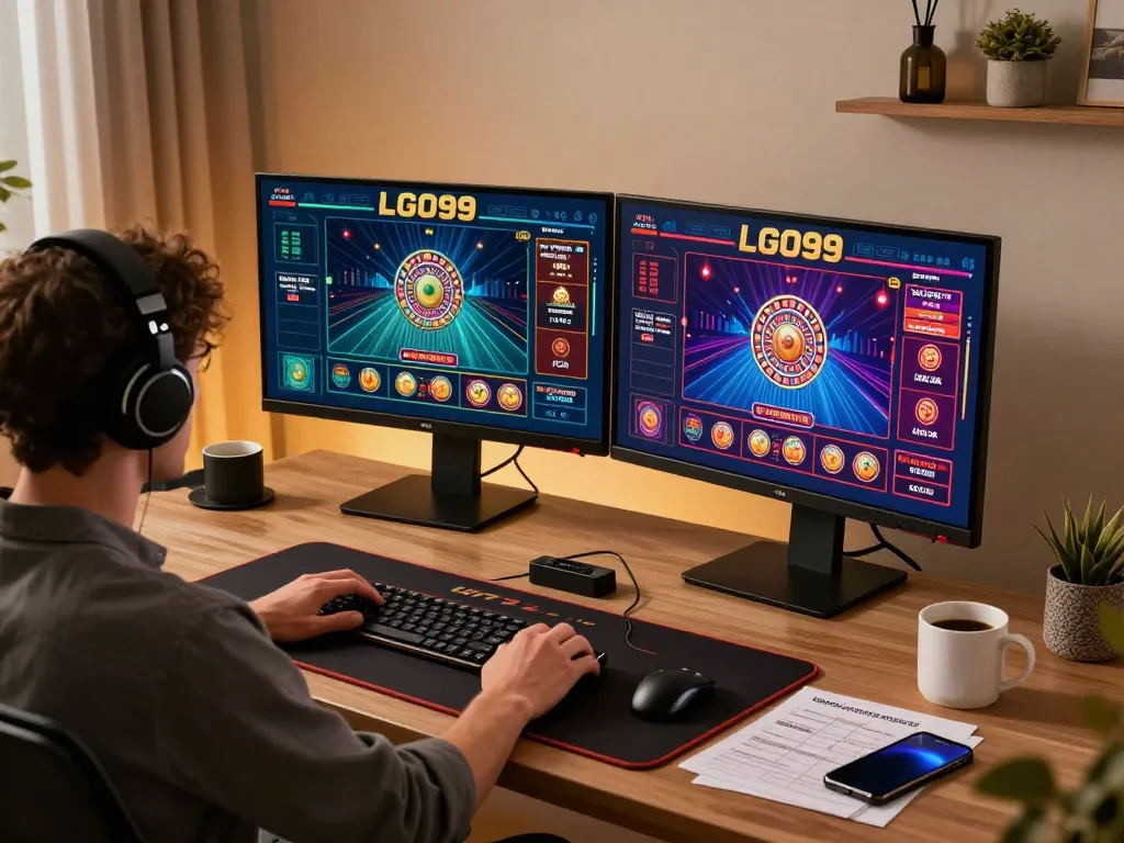 Pemandangan permainan online dinamis LGO99 dengan antarmuka kasino yang berwarna-warni dan pemain yang terlibat.