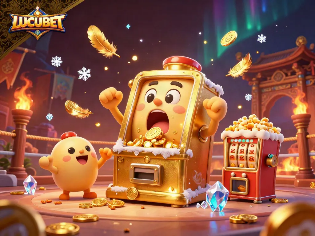 Experience LUCUBET excitement with a stunning 3D slot machine jackpot scene featuring cheering baby slot machines and golden coin showers.