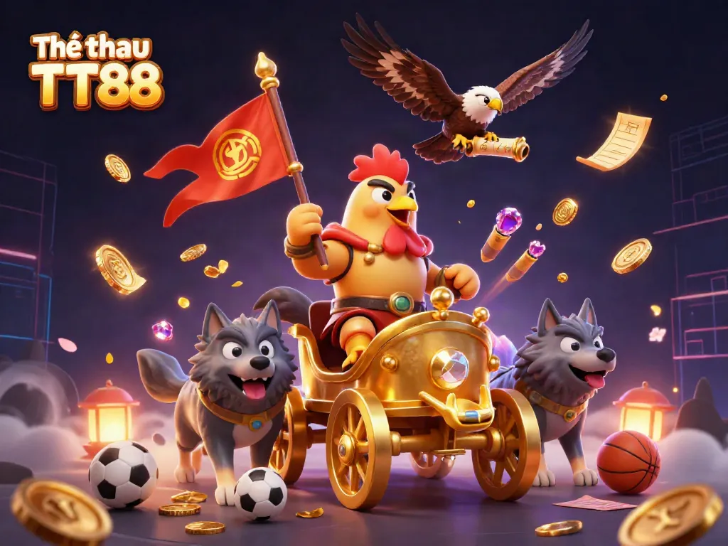 Play sports betting with Thể thao TT88, featuring a rooster warlord and dynamic casino elements.