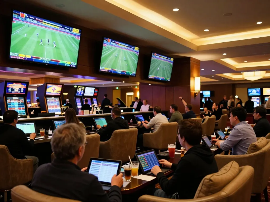 BONGDALU sports betting excitement in a luxury casino lounge with live match displays and enthusiastic fans.