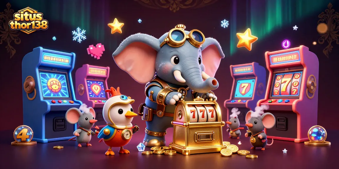 Visualisasi animasi situs thor138 dengan mesin slot dan karakter steampunk berinteraksi dalam suasana kasino.