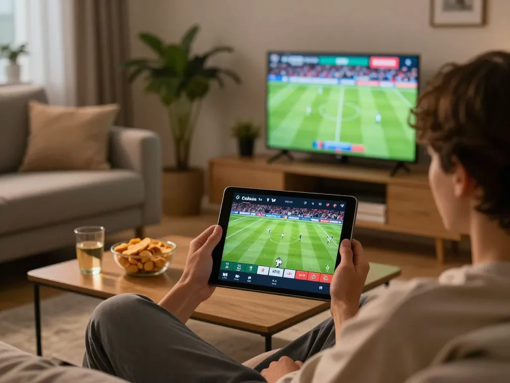 Enjoy watching live football matches on Cakhia TV from a cozy home setup with snacks and drinks.
