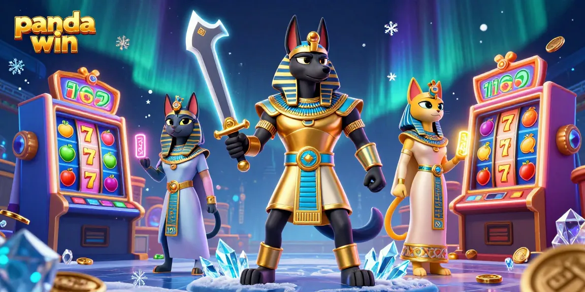 Play exciting slots with panda win featuring Anubis and Bastet in an enchanting casino setting.
