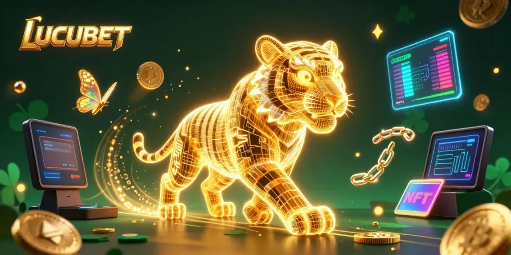 LUCUBET showcases a neon tiger and holographic visuals in a vibrant casino scene.